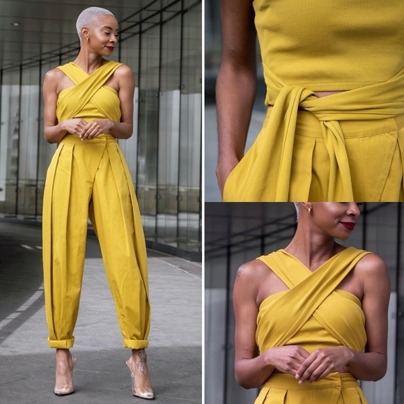 The Drop Amal Convertible Halter Wrap Top Mustard Yellow Crop Tank NWT - Picture 5 of 13